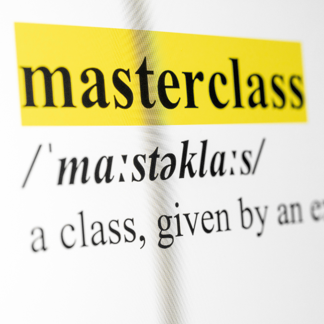 An image of a computer screen showing the word "Masterclass"" in black font over a bright yellow saquare